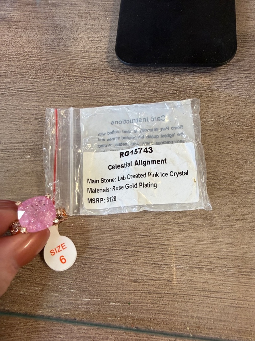 Celestial Alignment Rose Gold Ring with Pink Ice Crystal - Size 6